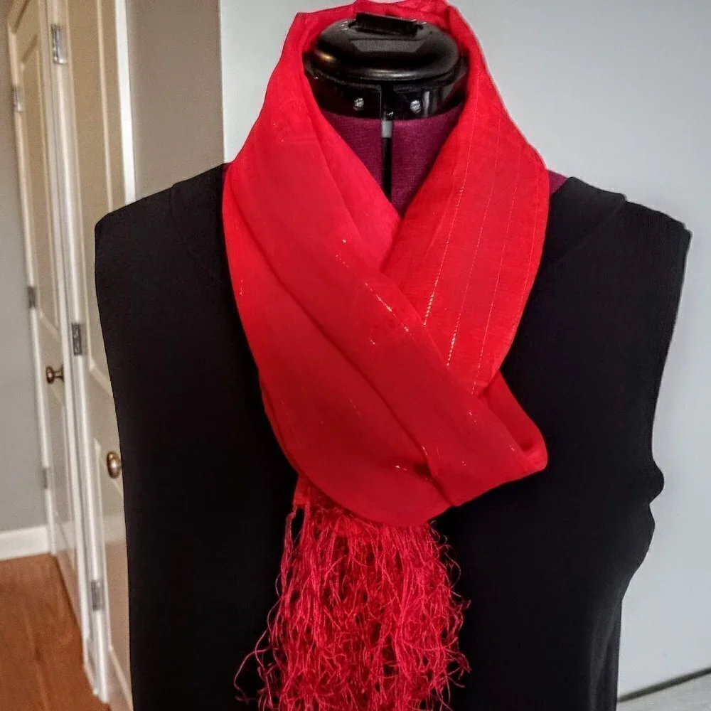 Red Oblong Fringed Metallic Scarf/Wrap